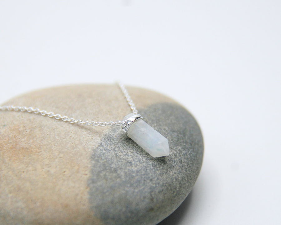 Deep Trust Crystal Point Necklace in Rainbow Moonstone + Sterling Silver