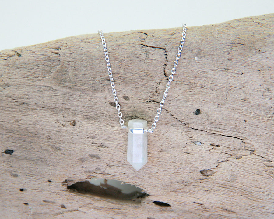 Deep Trust Crystal Point Necklace in Rainbow Moonstone + Sterling Silver