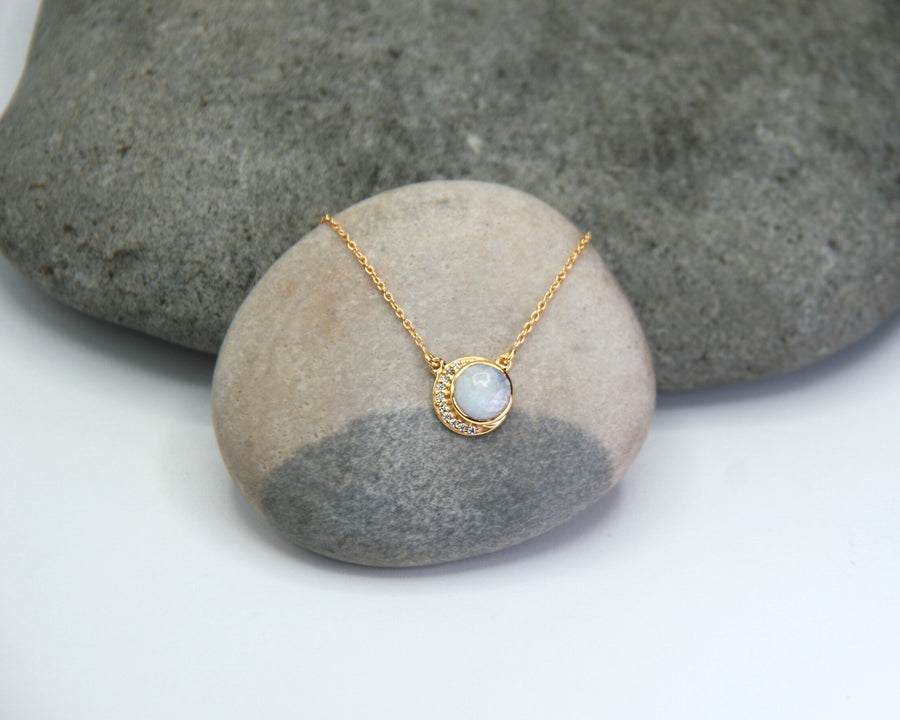 Crescent Moonstone Necklace in Rainbow Moonstone, Cubic Zirconia + Gold