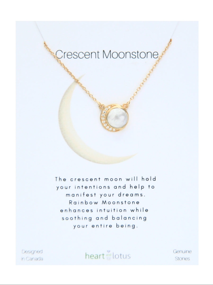 Crescent Moonstone Necklace in Rainbow Moonstone, Cubic Zirconia + Gold