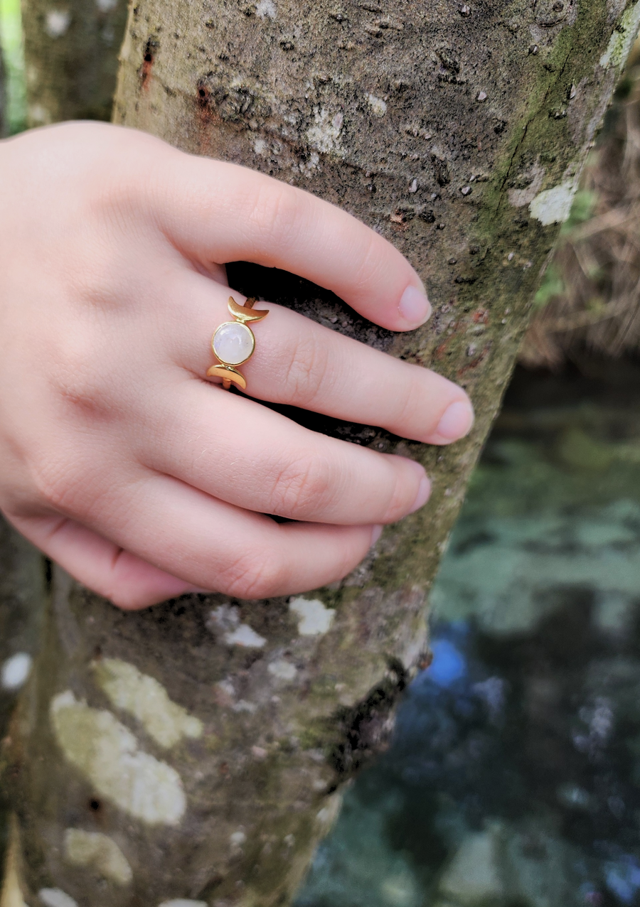 Celestial Moon Ring in Rainbow Moonstone + Gold