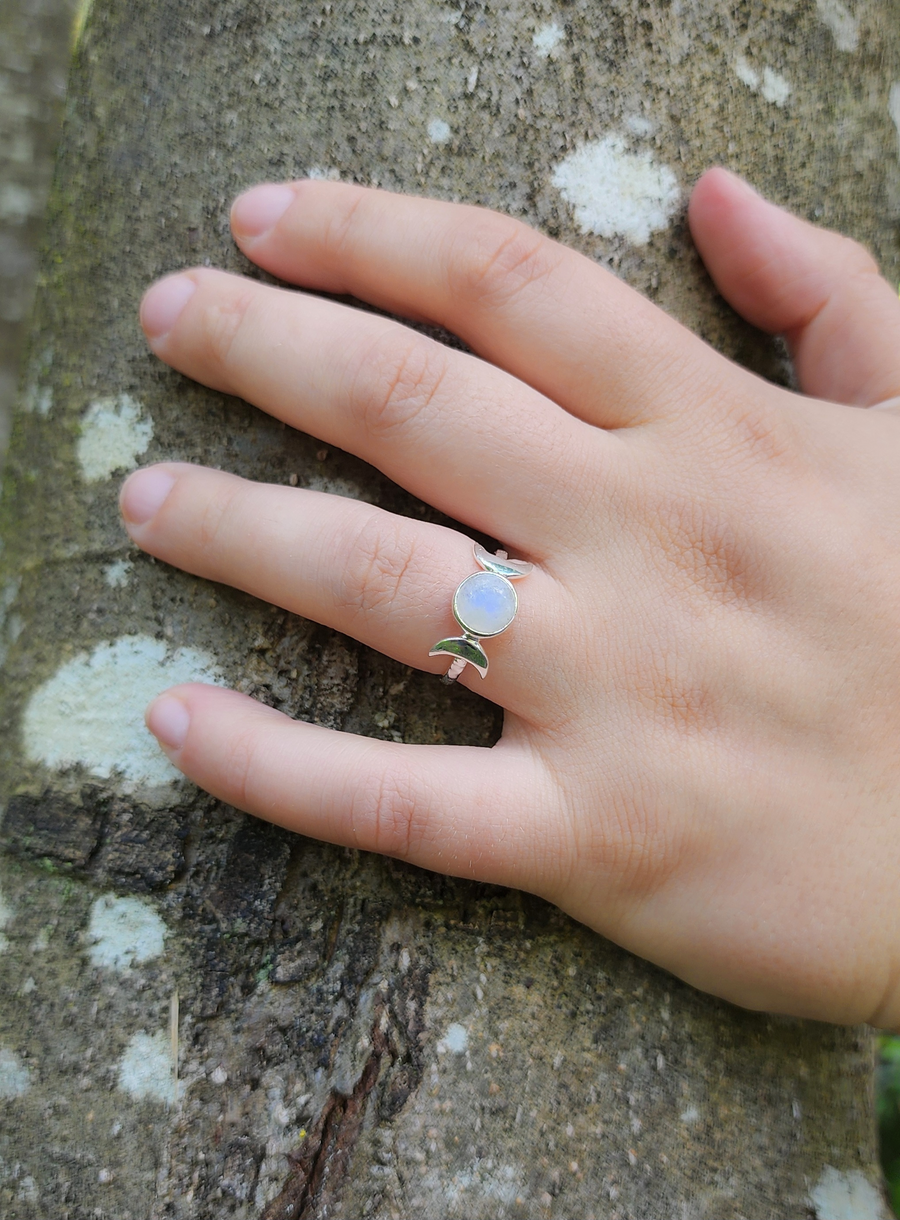 Celestial Moon Ring in Rainbow Moonstone + Sterling Silver