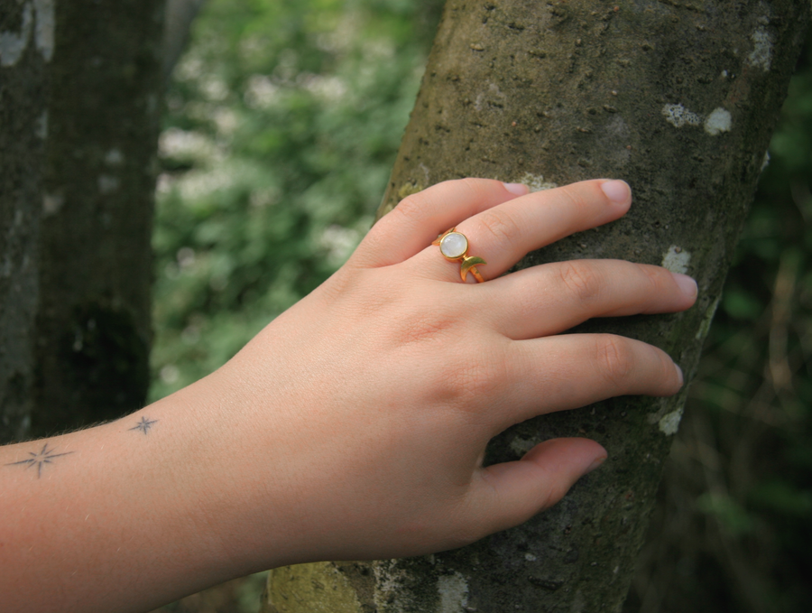 Celestial Moon Ring in Rainbow Moonstone + Gold