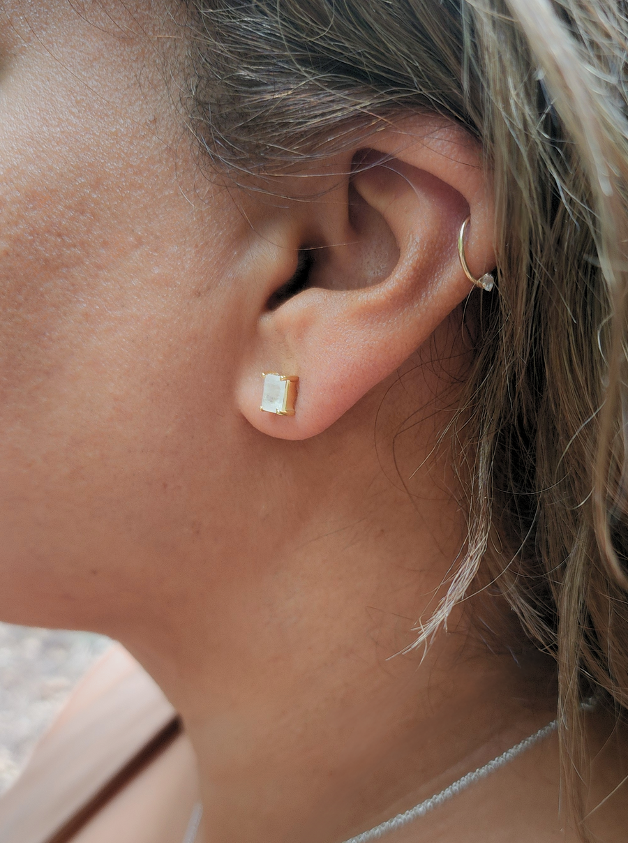 Divinely Feminine Earrings in Rainbow Moonstone + Gold