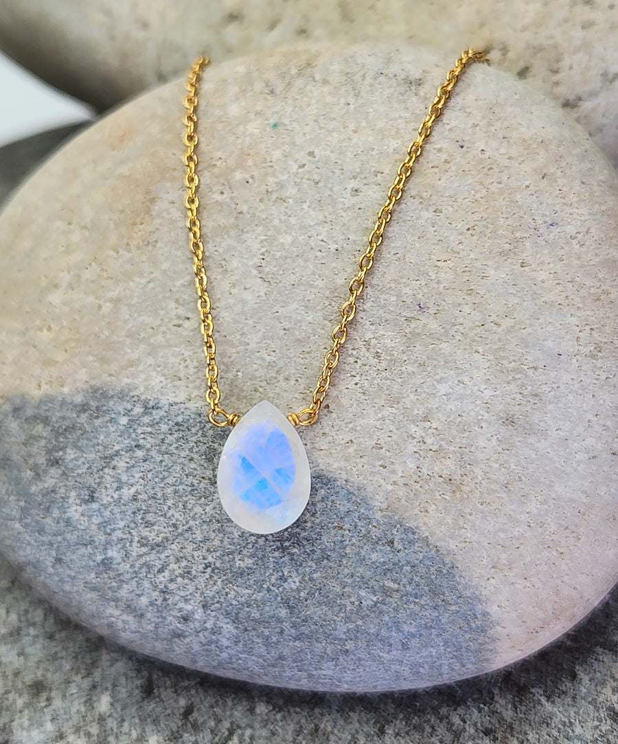 Deep Trust Necklace in Small Teardrop Rainbow Moonstone + Sterling Silver