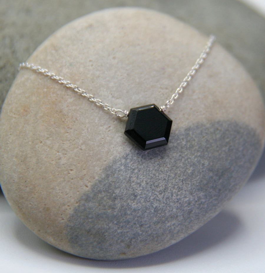 Stress Relief Necklace in Small Hexagon Onyx + Sterling Silver