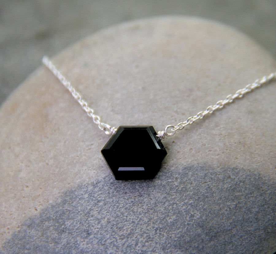 Stress Relief Necklace in Small Hexagon Onyx + Sterling Silver