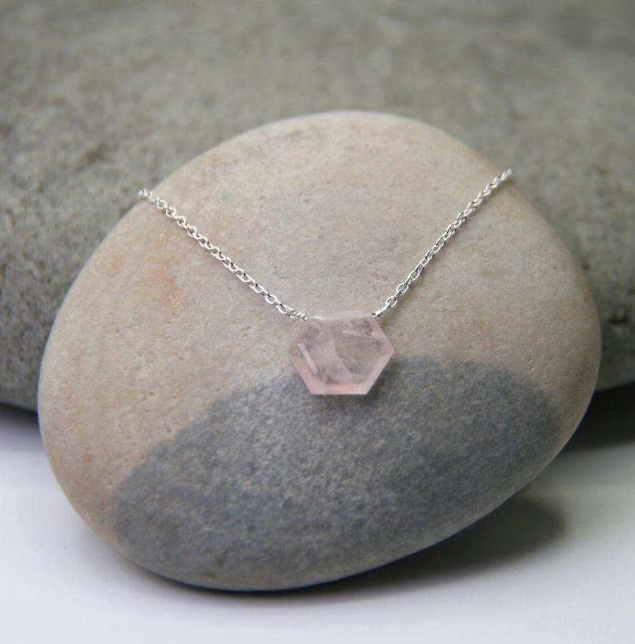 Love Necklace in Small Hexagon Rose Quartz + Sterling Silver