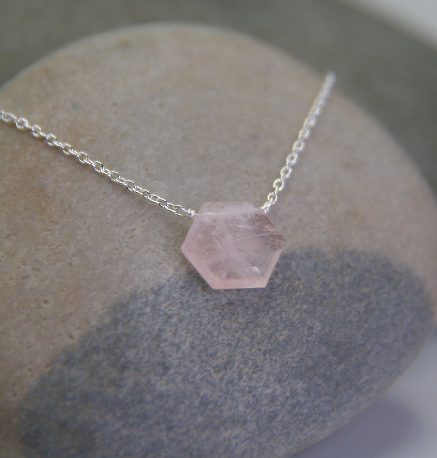 Love Necklace in Small Hexagon Rose Quartz + Sterling Silver