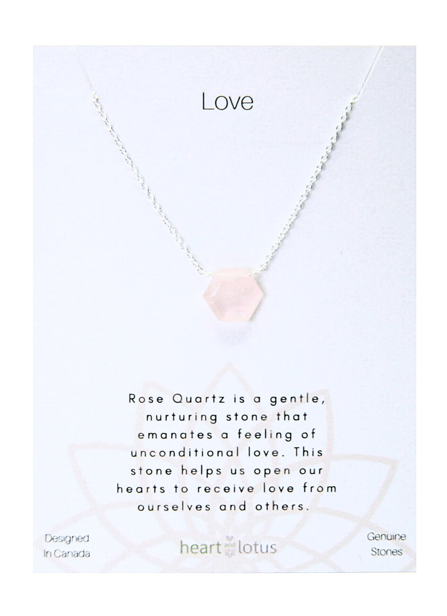 Love Necklace in Small Hexagon Rose Quartz + Sterling Silver