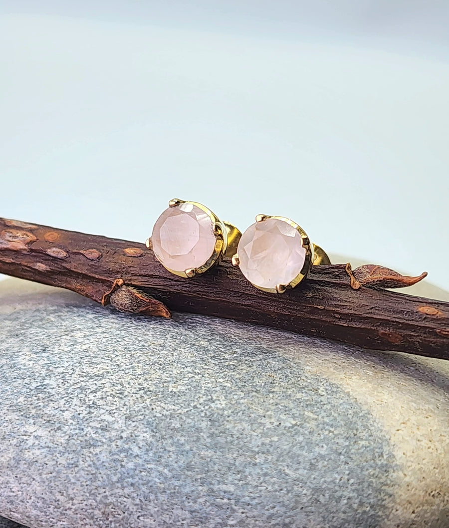 Ease Rose Quartz Stud Earrings 14K Gold Vermeil