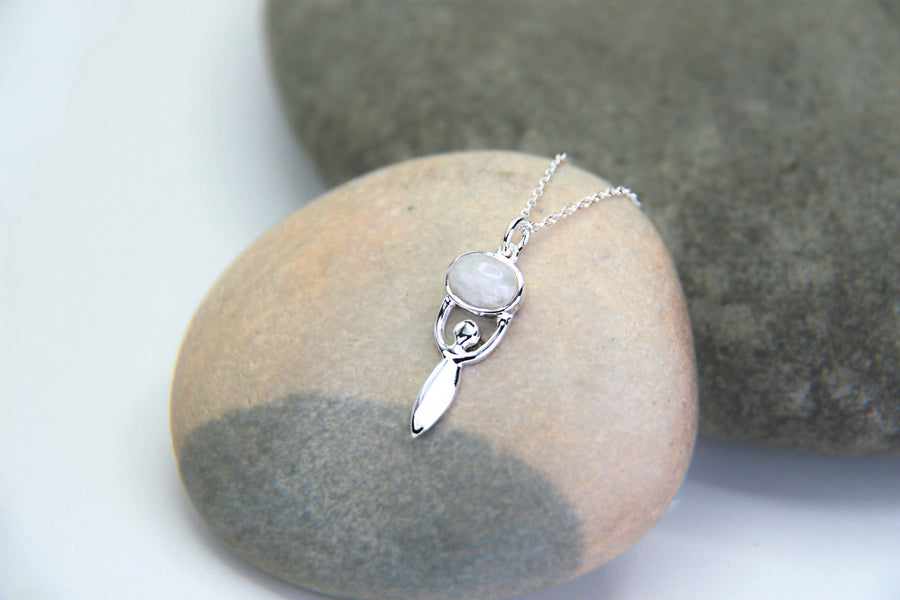 Goddess Necklace in Rainbow Moonstone + Sterling Silver