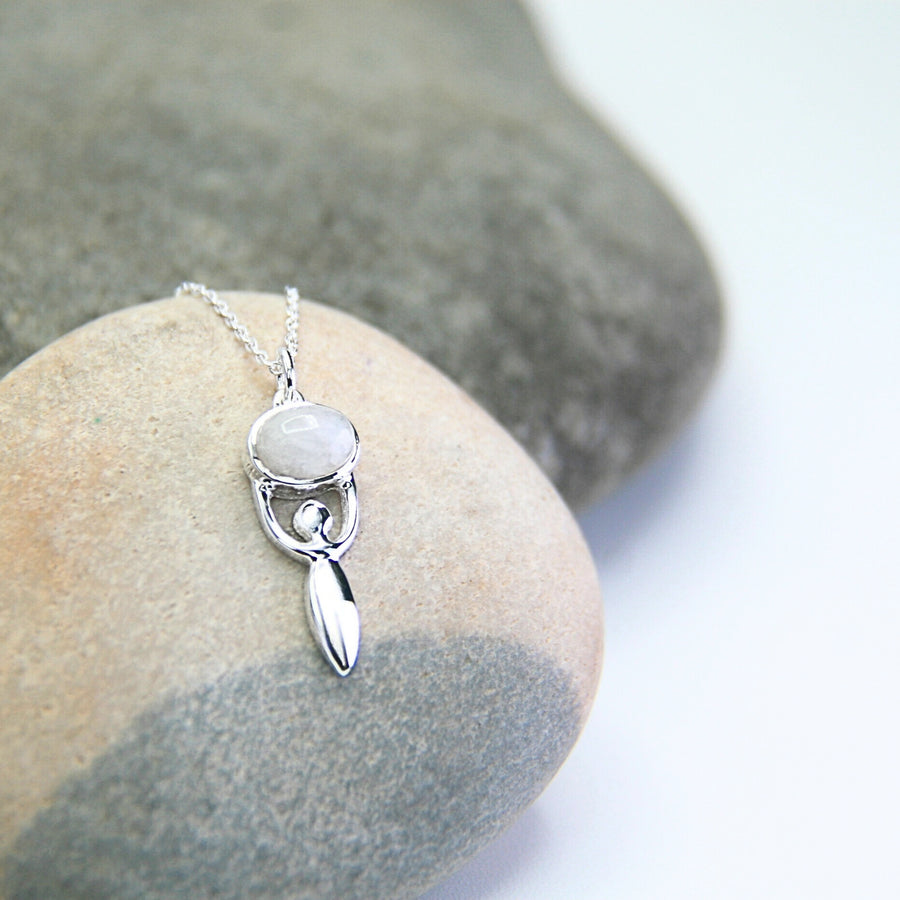 Goddess Necklace in Rainbow Moonstone + Sterling Silver