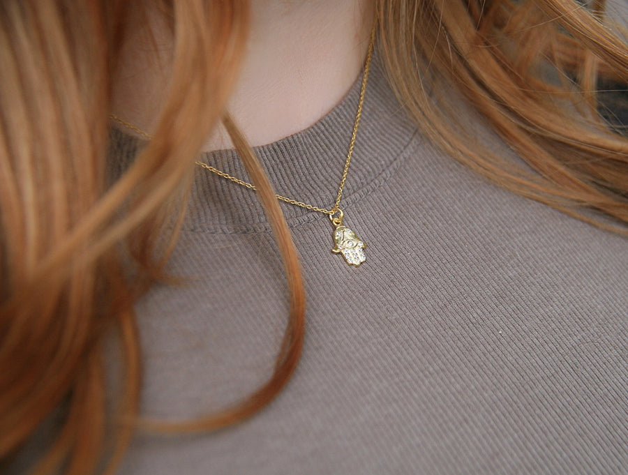 Hamsa Necklace in Cubic Zirconia + Gold