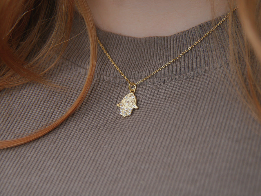 Hamsa Necklace in Cubic Zirconia + Gold