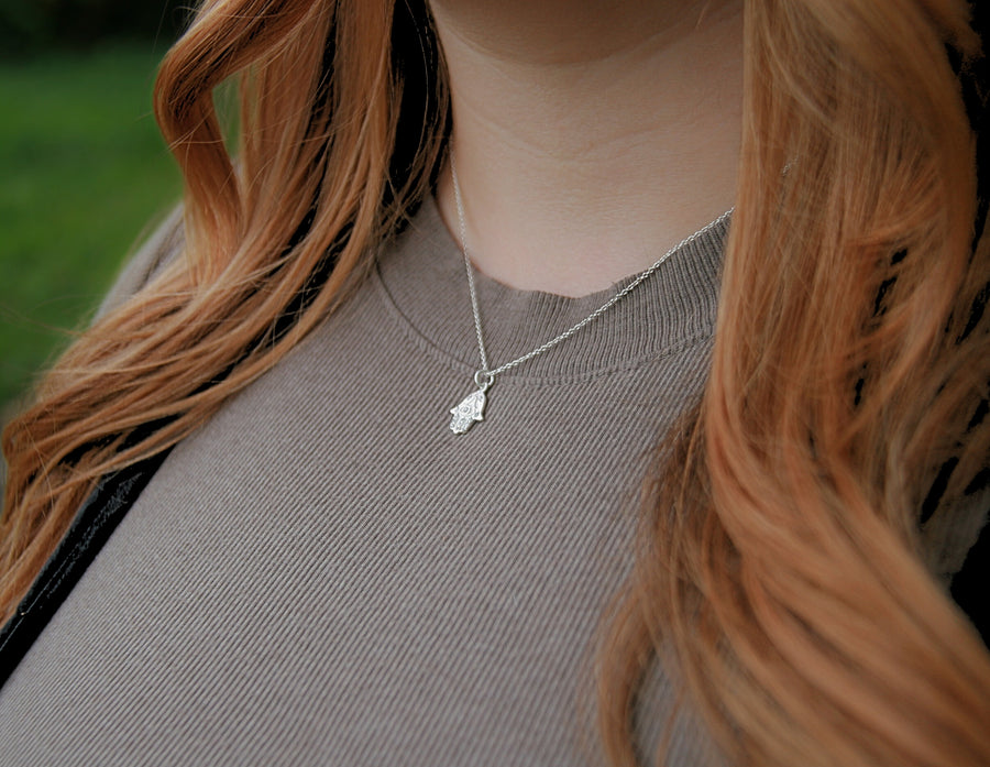 Hamsa Necklace in Cubic Zirconia + Sterling Silver