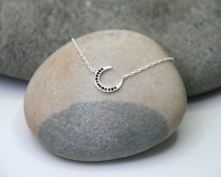 Crescent Moon Crystal Necklace in Black Spinel + Sterling Silver