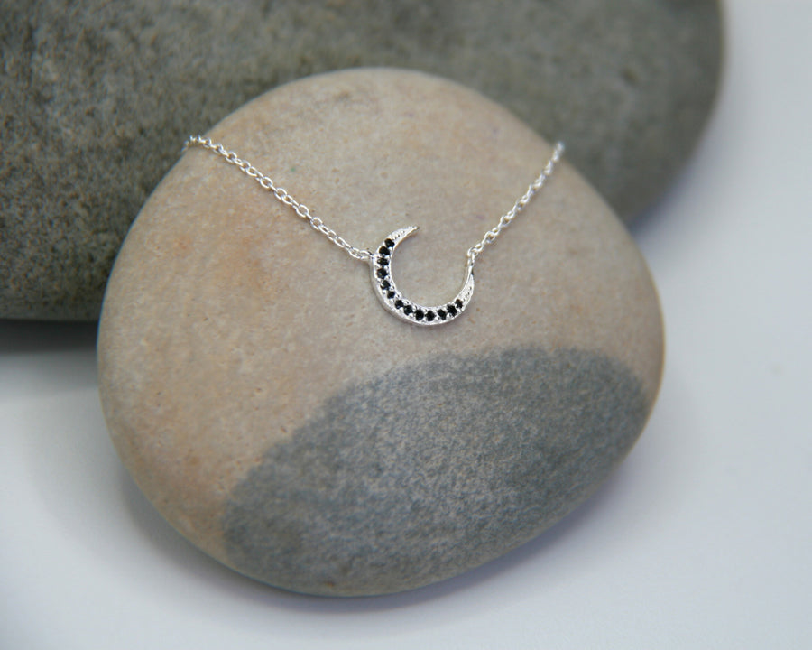 Crescent Moon Crystal Necklace in Black Spinel + Sterling Silver